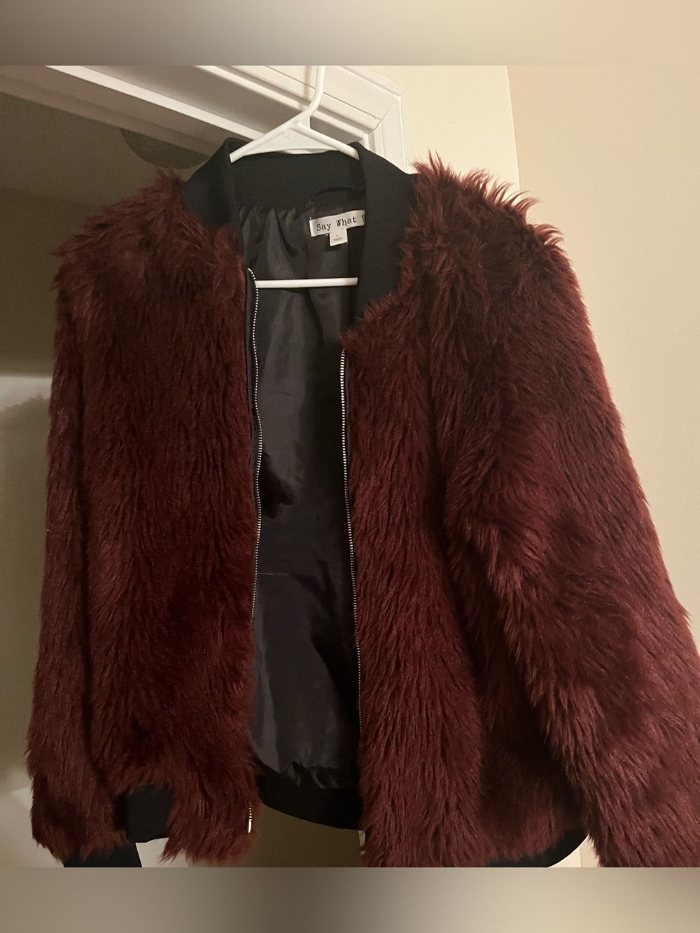 Say What? Women's Burgundy Faux Fur Bomber Jacket with Ribbed Trim